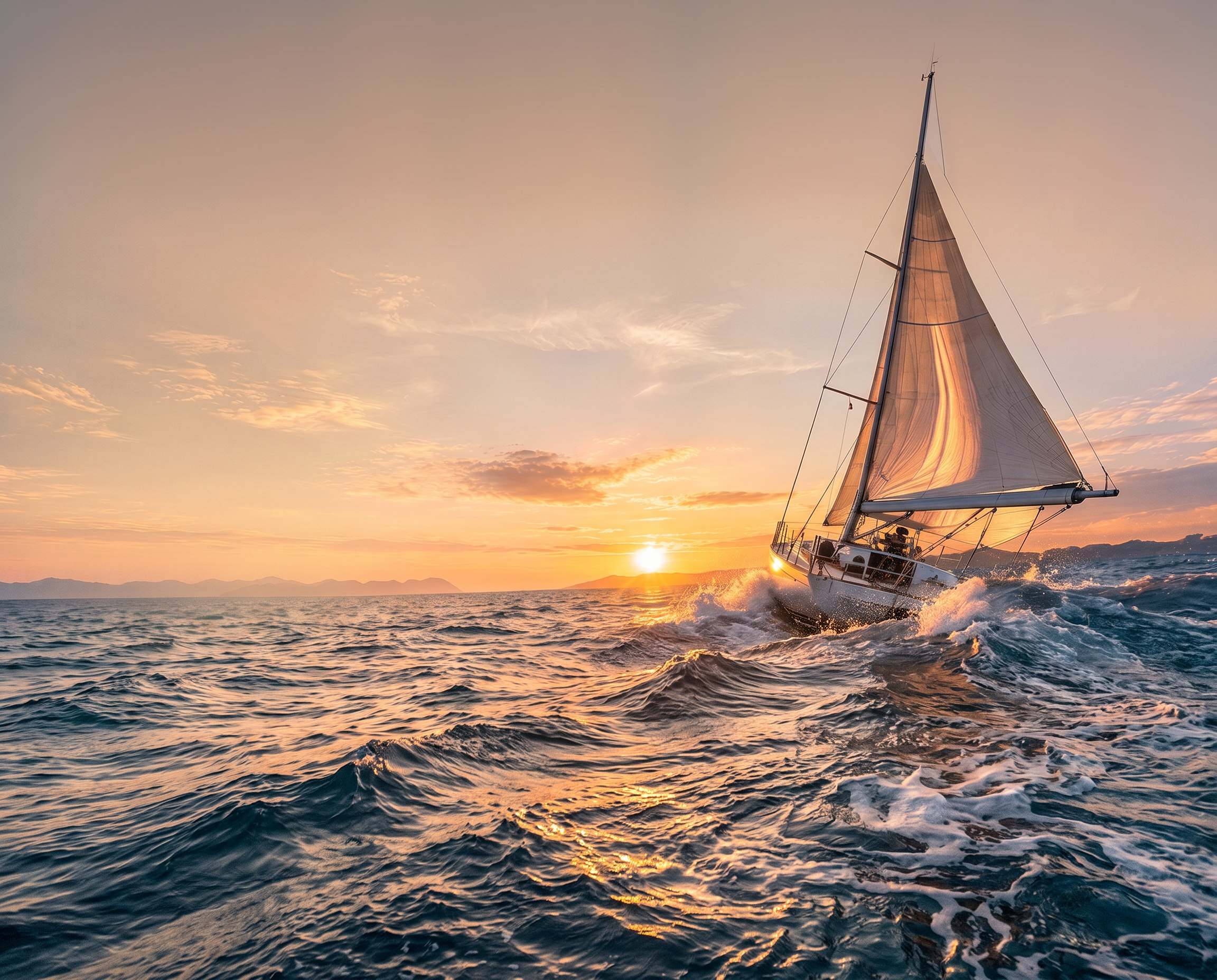 Un voilier classique avançant voile gonflée vers un soleil rasant sur une mer agitée